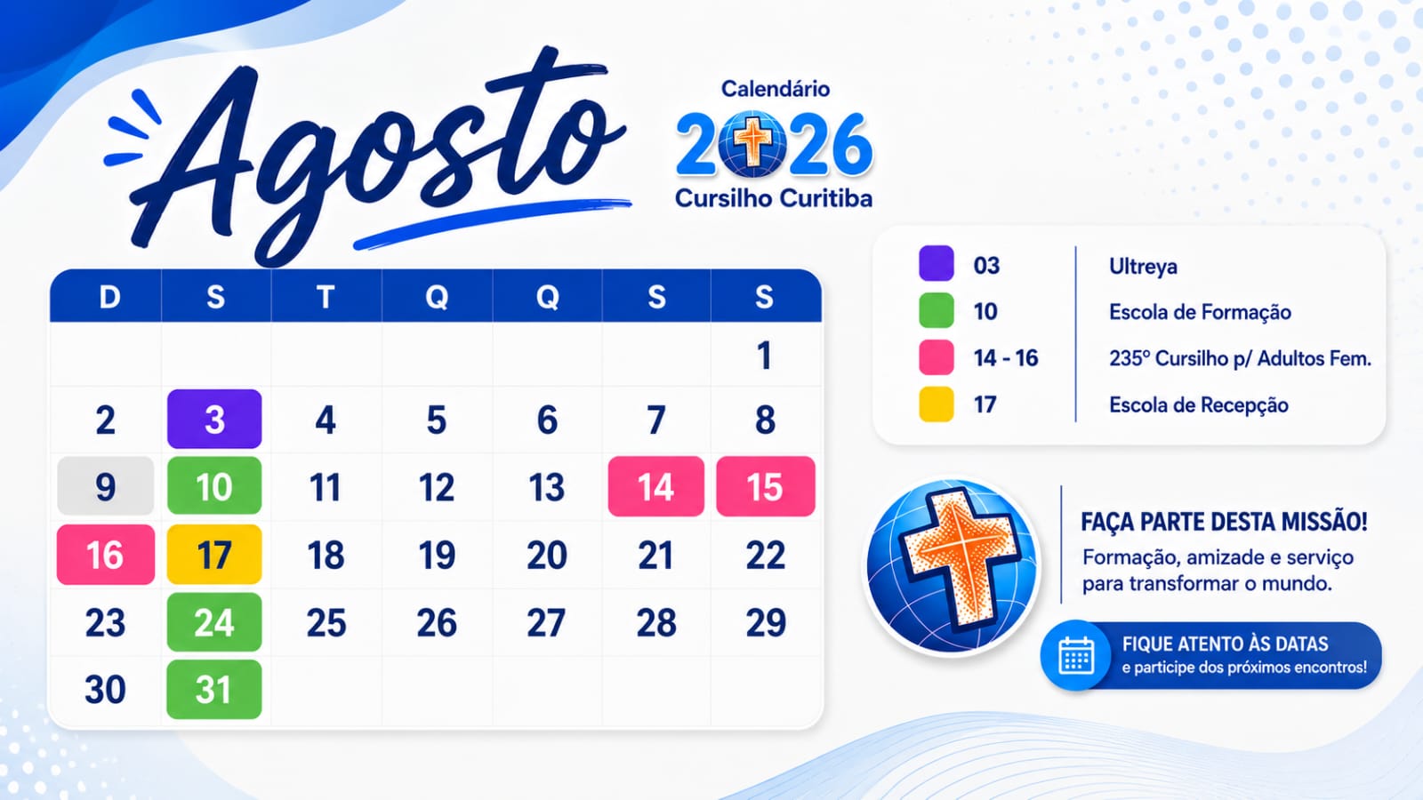Agenda de Agosto 2026 - Cursilho Curitiba